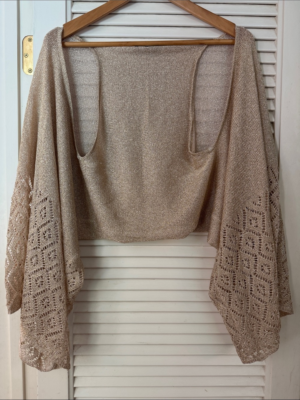 bebe Metallic Light Tan Open-Sleeve Knit Shrug